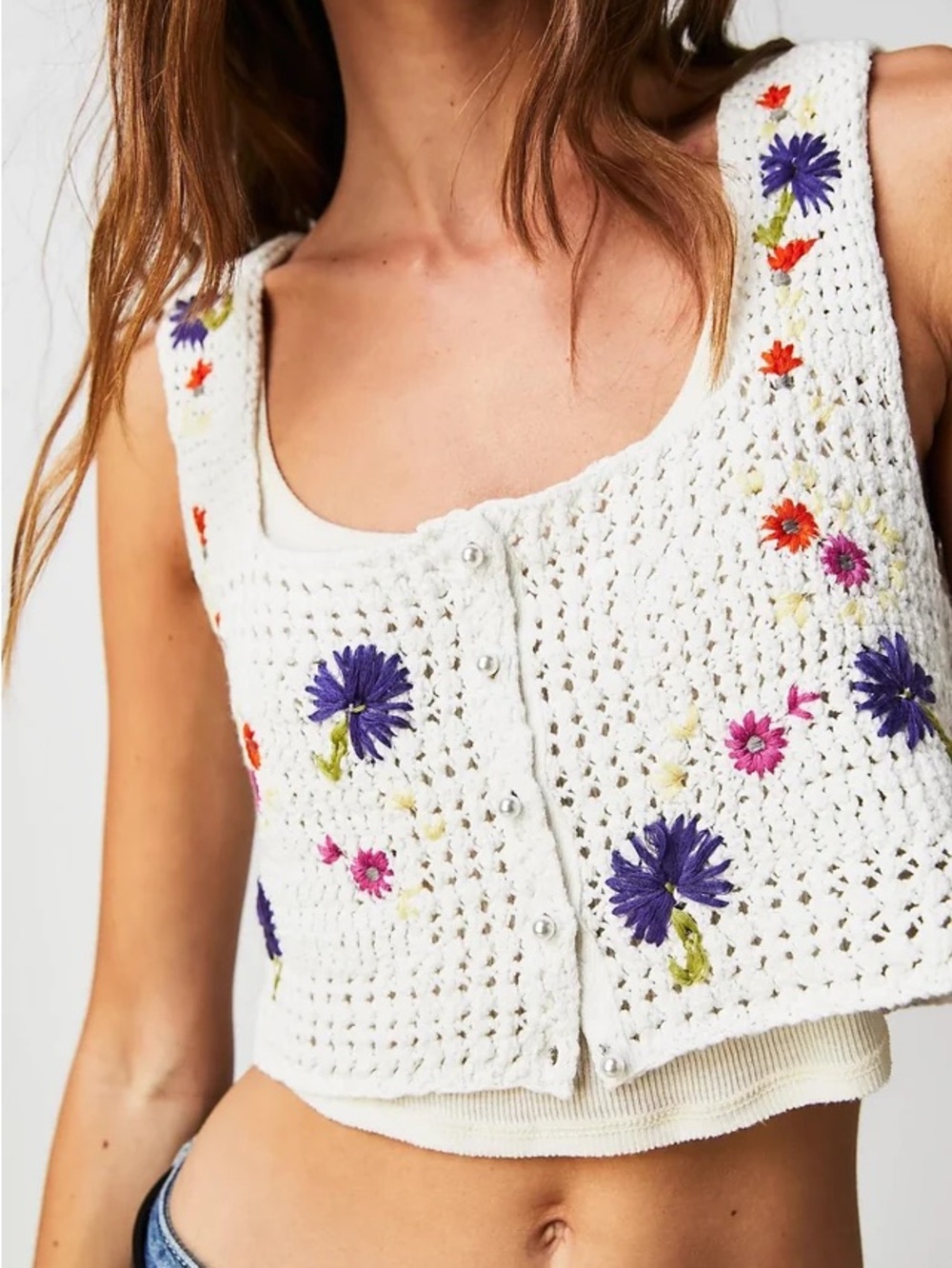 Free People White Crocheted Floral Embroidered Crop Top